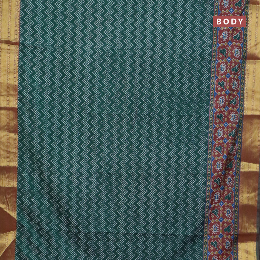 Semi tussar saree green and maroon with allover zig zag prints and zari woven border