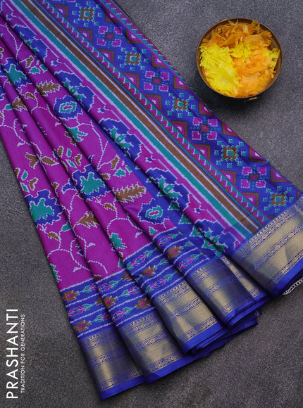 Semi tussar saree purple and blue with allover ikat prints and zari woven border