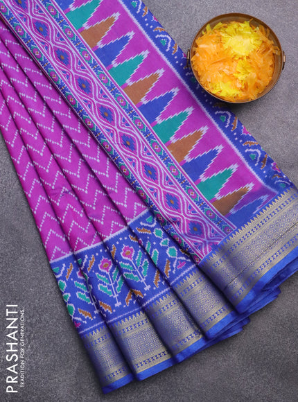 Semi tussar saree purple and blue with allover zig zag prints and zari woven border