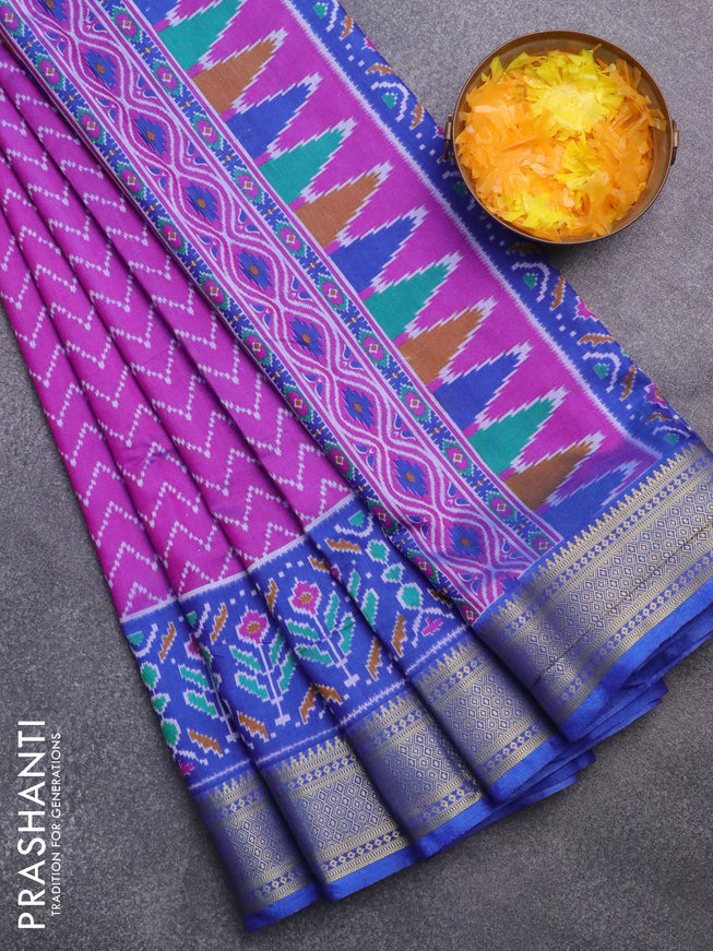 Semi tussar saree purple and blue with allover zig zag prints and zari woven border