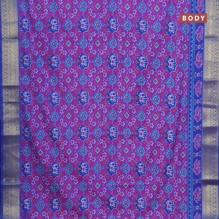 Semi tussar saree purple and blue with allover ikat prints and zari woven border