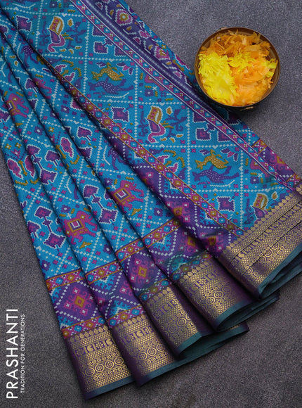 Semi tussar saree teal blue and dual shade of green with allover ikat prints and zari woven border