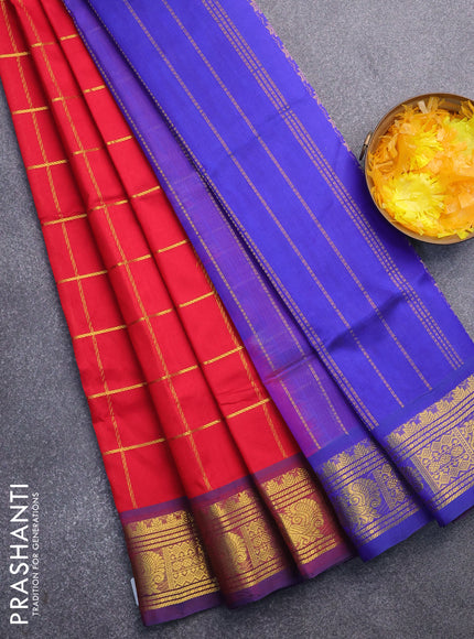 Silk cotton saree red and blue with allover zari checked pattern and zari woven border