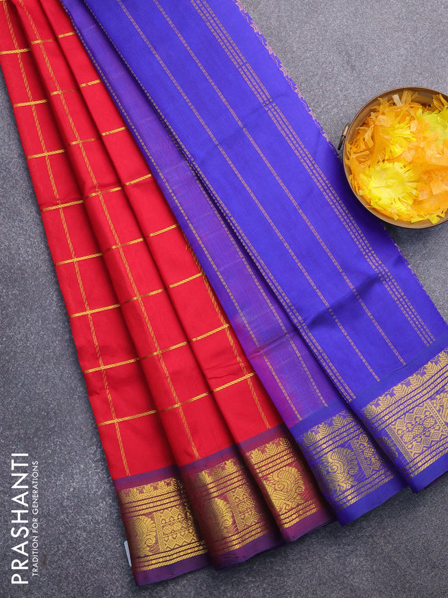 Silk cotton saree red and blue with allover zari checked pattern and zari woven border