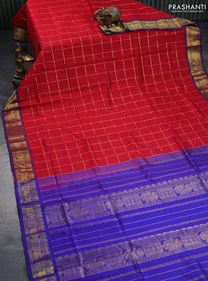 Silk cotton saree red and blue with allover zari checked pattern and zari woven border