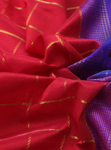 Silk cotton saree red and blue with allover zari checked pattern and zari woven border