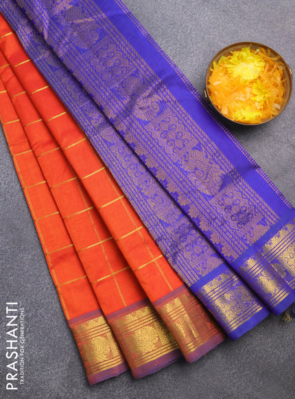 Silk cotton saree orange and blue with allover zari checked pattern and zari woven border