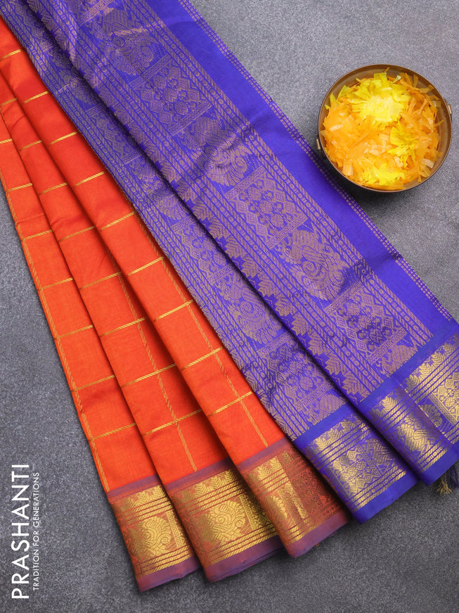 Silk cotton saree orange and blue with allover zari checked pattern and zari woven border