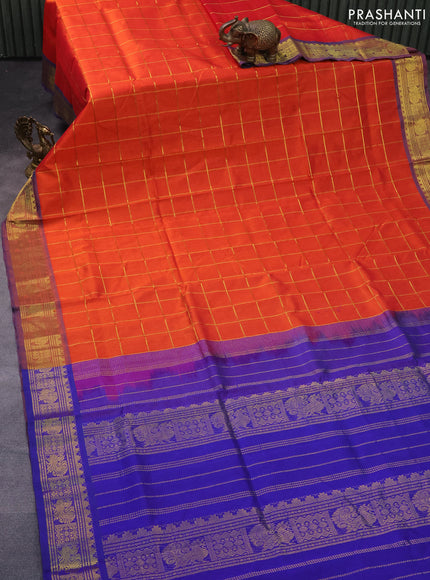 Silk cotton saree orange and blue with allover zari checked pattern and zari woven border