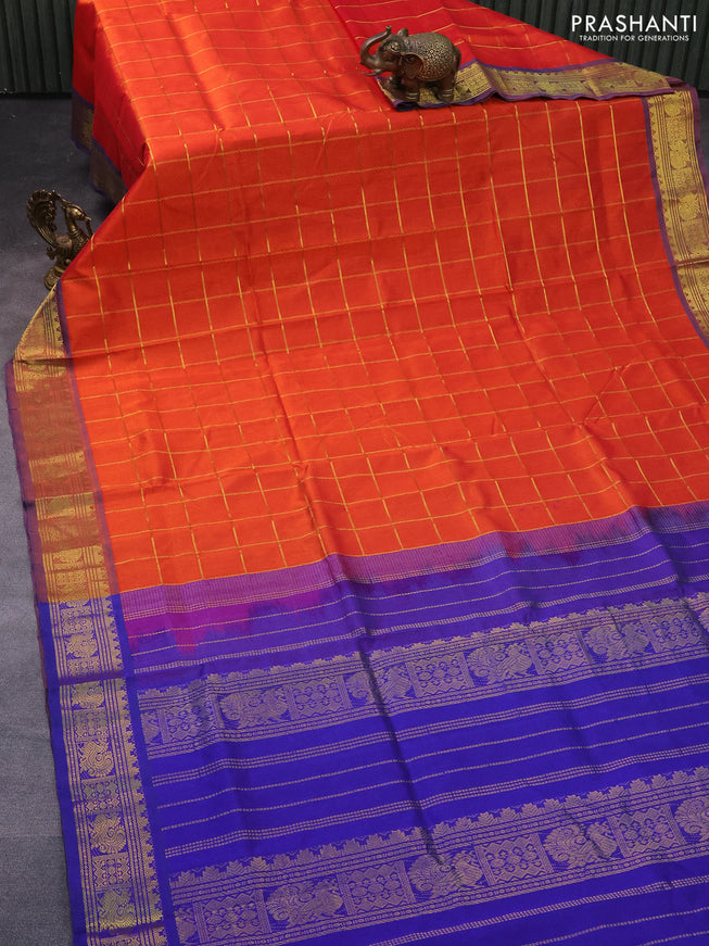 Silk cotton saree orange and blue with allover zari checked pattern and zari woven border