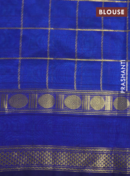 Silk cotton saree teal blue and blue with allover zari checked pattern and rettapet zari woven border