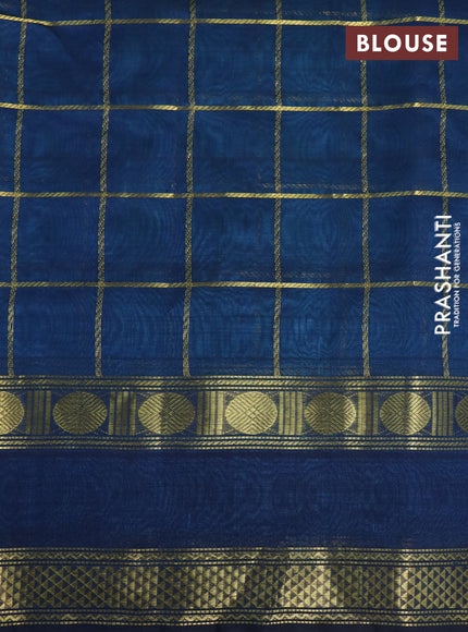 Silk cotton saree teal blue and peacock blue with allover zari checked pattern and rettapet zari woven border