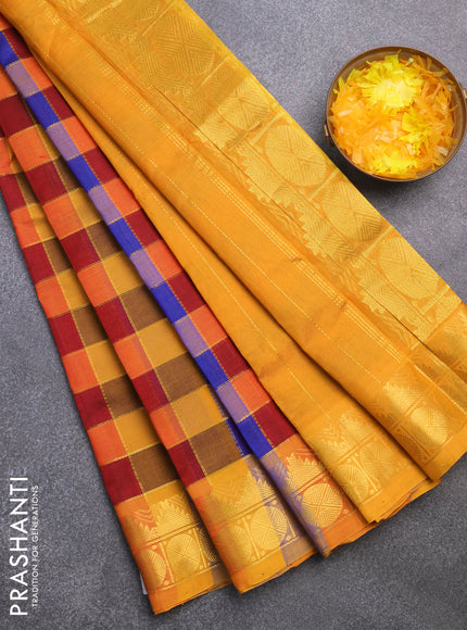 Silk cotton saree multi colour and mustard yellow with allover paalum pazhamum zari checked pattern and temple & rudhraksha zari woven border