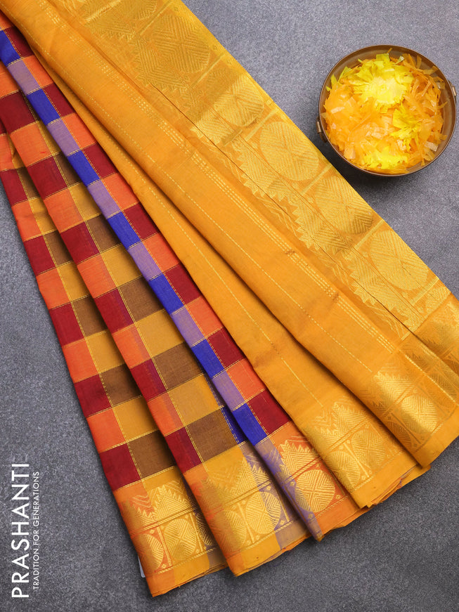 Silk cotton saree multi colour and mustard yellow with allover paalum pazhamum zari checked pattern and temple & rudhraksha zari woven border