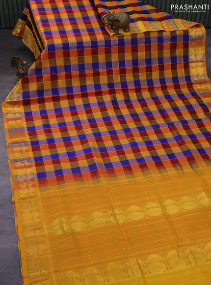 Silk cotton saree multi colour and mustard yellow with allover paalum pazhamum zari checked pattern and temple & rudhraksha zari woven border