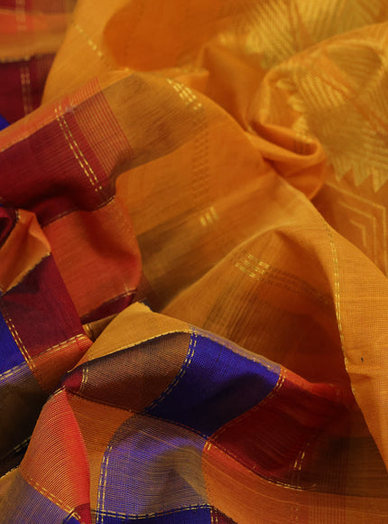 Silk cotton saree multi colour and mustard yellow with allover paalum pazhamum zari checked pattern and temple & rudhraksha zari woven border