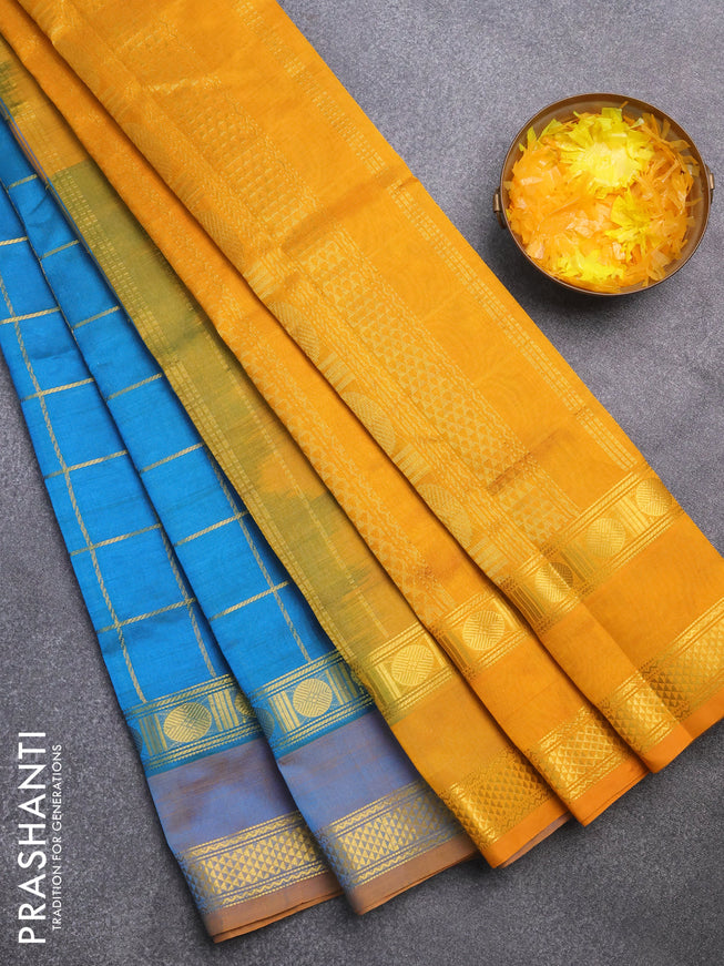 Silk cotton saree cs blue and mustard yellow with allover zari checked pattern and rettapet zari woven border