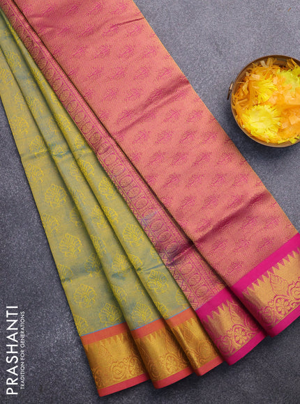 Silk cotton saree dual shade of bluish yellow and pink with allover self emboss & jacquard and zari woven border