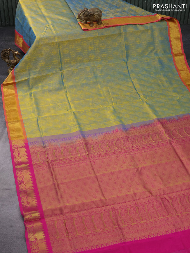 Silk cotton saree dual shade of bluish yellow and pink with allover self emboss & jacquard and zari woven border