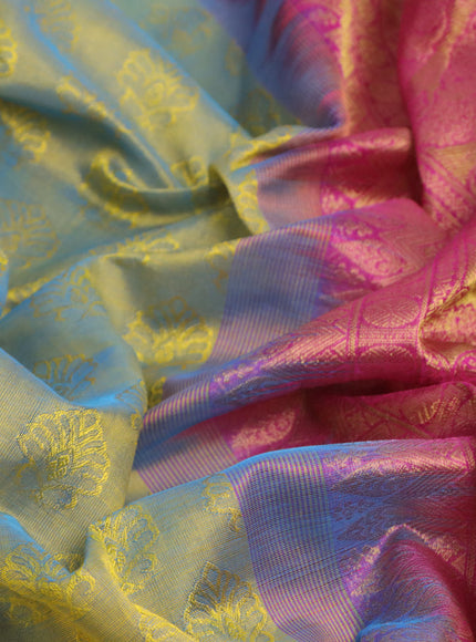 Silk cotton saree dual shade of bluish yellow and pink with allover self emboss & jacquard and zari woven border