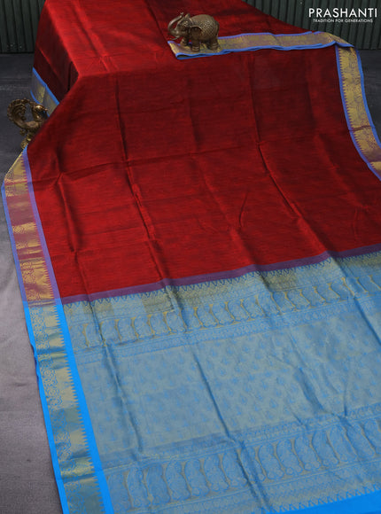 Silk cotton saree maroon and cs blue with allover self emboss & jacquard and zari woven border