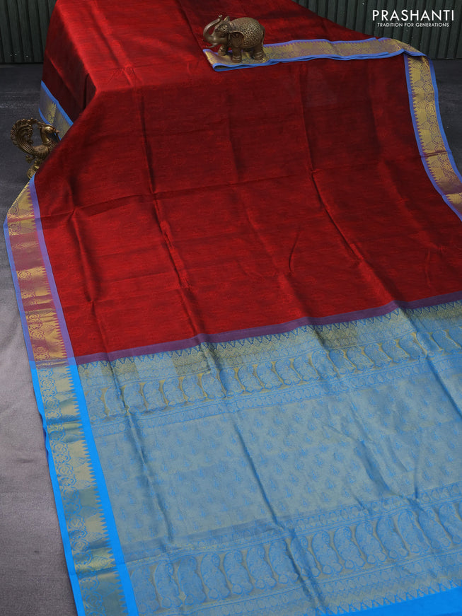 Silk cotton saree maroon and cs blue with allover self emboss & jacquard and zari woven border