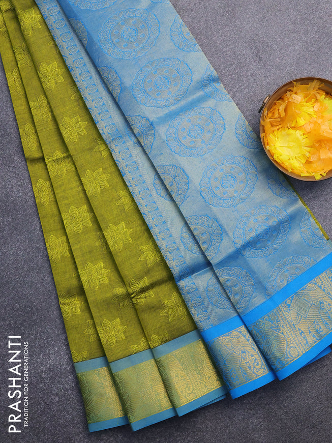 Silk cotton saree mehendi green and cs blue with allover self emboss & jacquard and annam & rudhraksha zari woven border