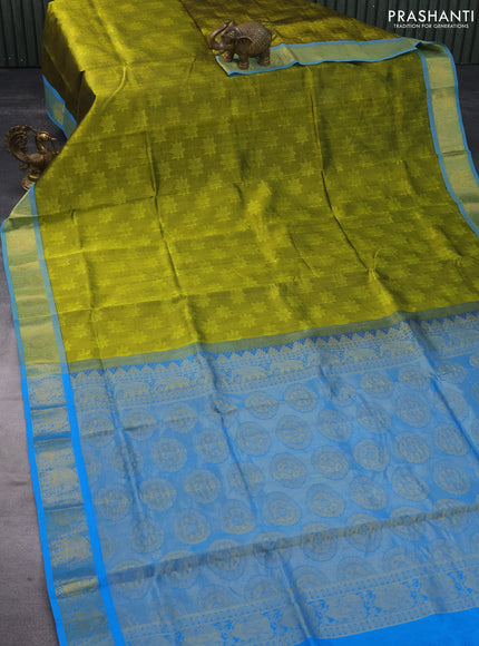 Silk cotton saree mehendi green and cs blue with allover self emboss & jacquard and annam & rudhraksha zari woven border