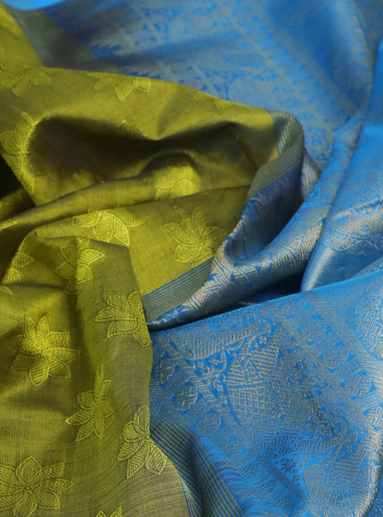 Silk cotton saree mehendi green and cs blue with allover self emboss & jacquard and annam & rudhraksha zari woven border