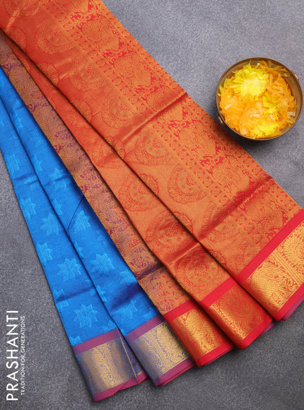 Silk cotton saree blue and red with allover self emboss & jacquard and zari woven border