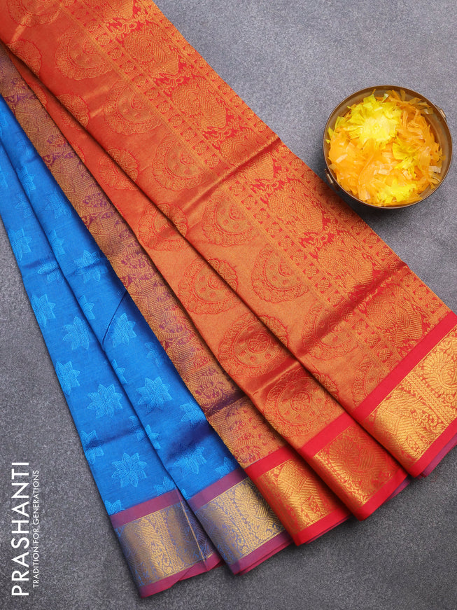 Silk cotton saree blue and red with allover self emboss & jacquard and zari woven border