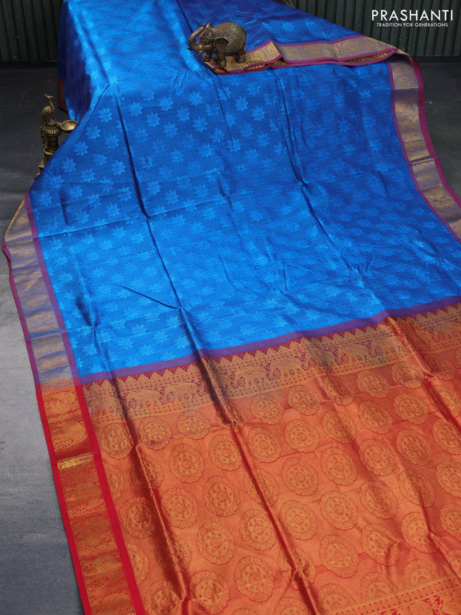 Silk cotton saree blue and red with allover self emboss & jacquard and zari woven border