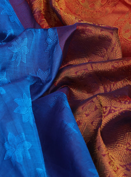 Silk cotton saree blue and red with allover self emboss & jacquard and zari woven border