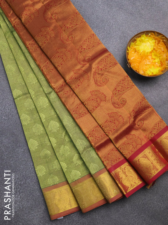 Silk cotton saree pastel green and maroon with allover self emboss & jacquard and annam zari woven border