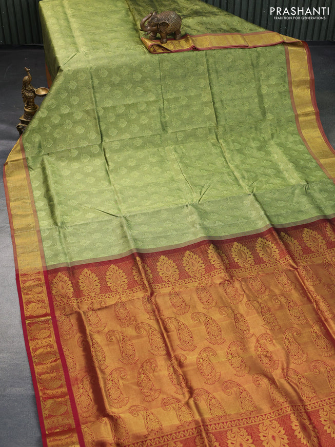 Silk cotton saree pastel green and maroon with allover self emboss & jacquard and annam zari woven border