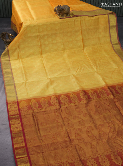 Silk cotton saree yellow and maroon with allover self emboss & jacquard and annam zari woven border