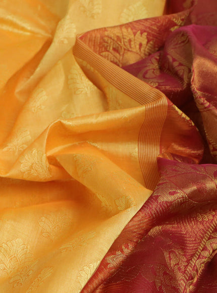 Silk cotton saree yellow and maroon with allover self emboss & jacquard and annam zari woven border