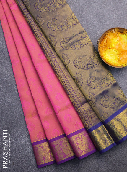 Silk cotton saree dual shade of pink and blue with allover self emboss & jacquard and annam zari woven border