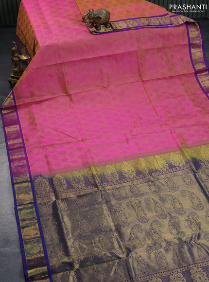 Silk cotton saree dual shade of pink and blue with allover self emboss & jacquard and annam zari woven border