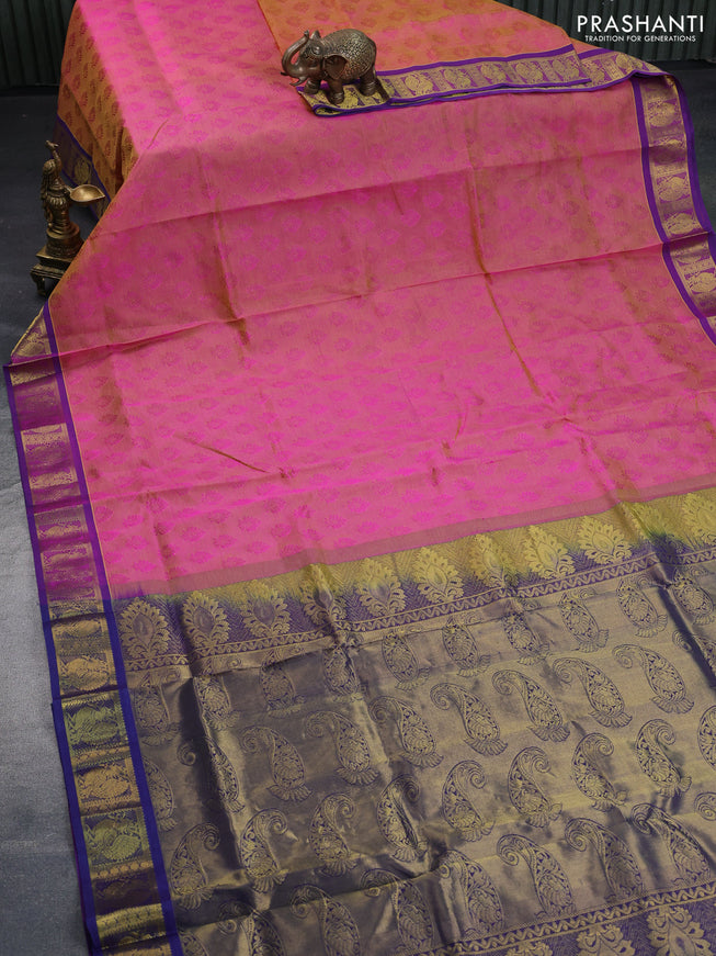 Silk cotton saree dual shade of pink and blue with allover self emboss & jacquard and annam zari woven border