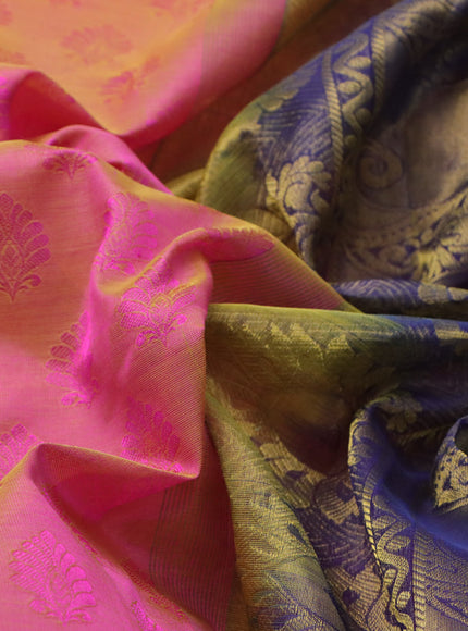 Silk cotton saree dual shade of pink and blue with allover self emboss & jacquard and annam zari woven border