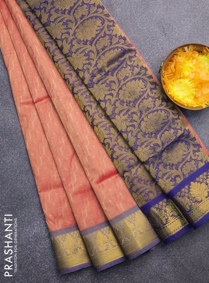 Silk cotton saree dual shade of peach pink and blue with allover self emboss & jacquard and zari woven border