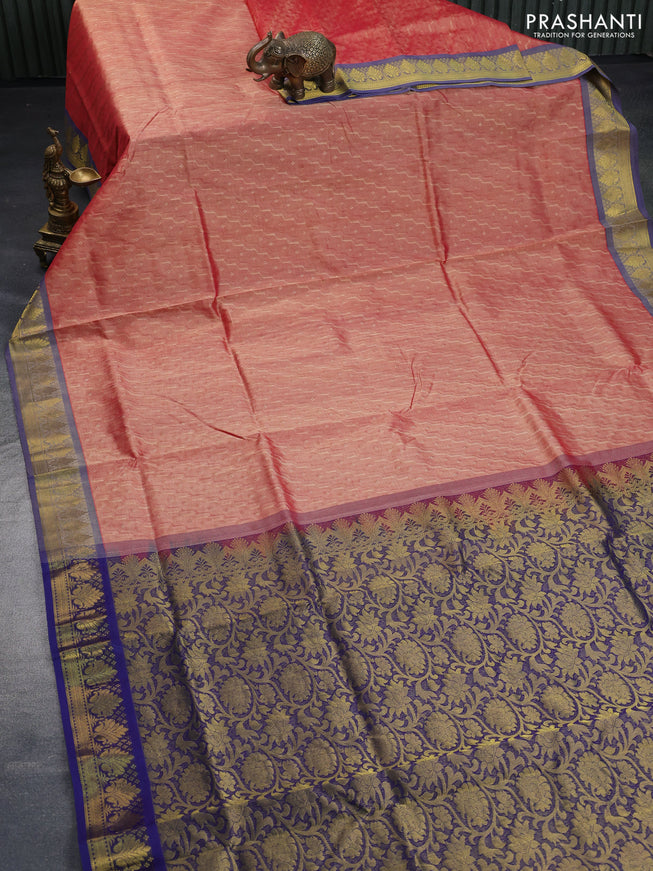 Silk cotton saree dual shade of peach pink and blue with allover self emboss & jacquard and zari woven border