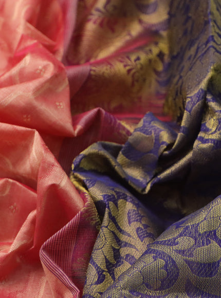 Silk cotton saree dual shade of peach pink and blue with allover self emboss & jacquard and zari woven border