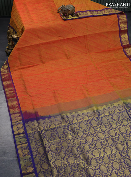 Silk cotton saree dual shade of red and blue with allover self emboss & jacquard and zari woven border