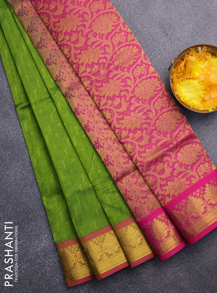 Silk cotton saree light green and pink with allover self emboss & jacquard and zari woven border