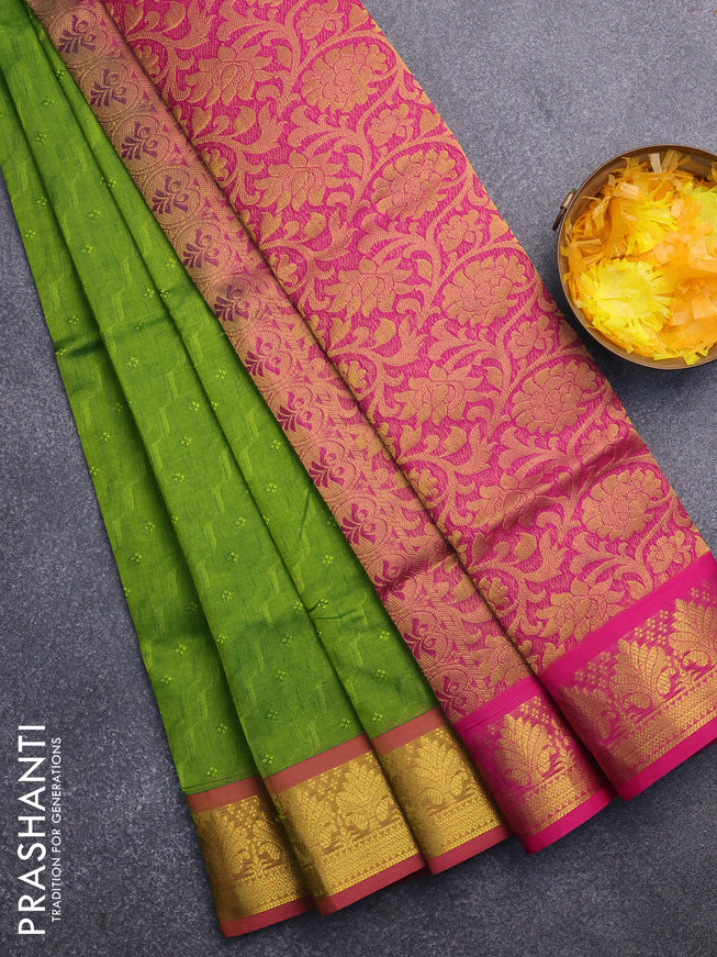 Silk cotton saree light green and pink with allover self emboss & jacquard and zari woven border