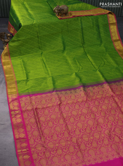 Silk cotton saree light green and pink with allover self emboss & jacquard and zari woven border