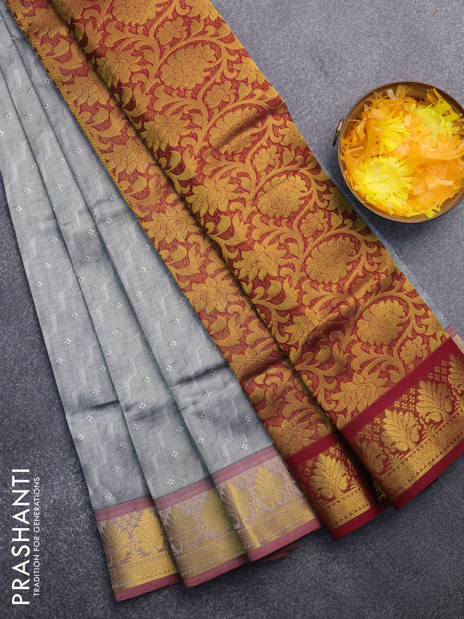 Silk cotton saree grey and maroon with allover self emboss & jacquard and zari woven border