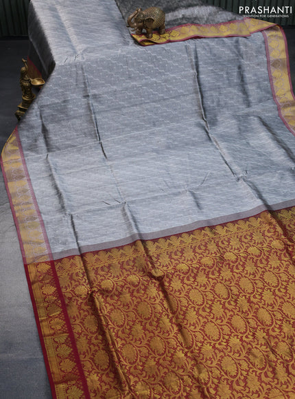 Silk cotton saree grey and maroon with allover self emboss & jacquard and zari woven border